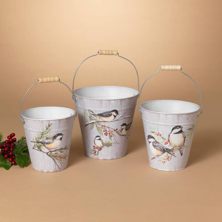 Promos Holiday S/3 Metal Holiday Chickadee Design Buckets, L for wholesale by The Gerson Companies