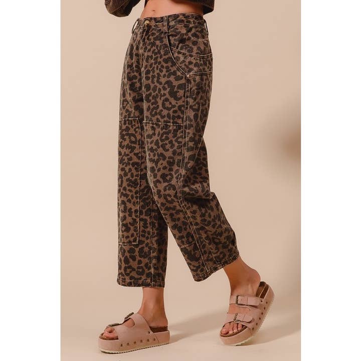 IVE - Wholesale Pants - Women's - TWO TONED LEOPARD PRINT TWILL MID RISE WIDE PANTS