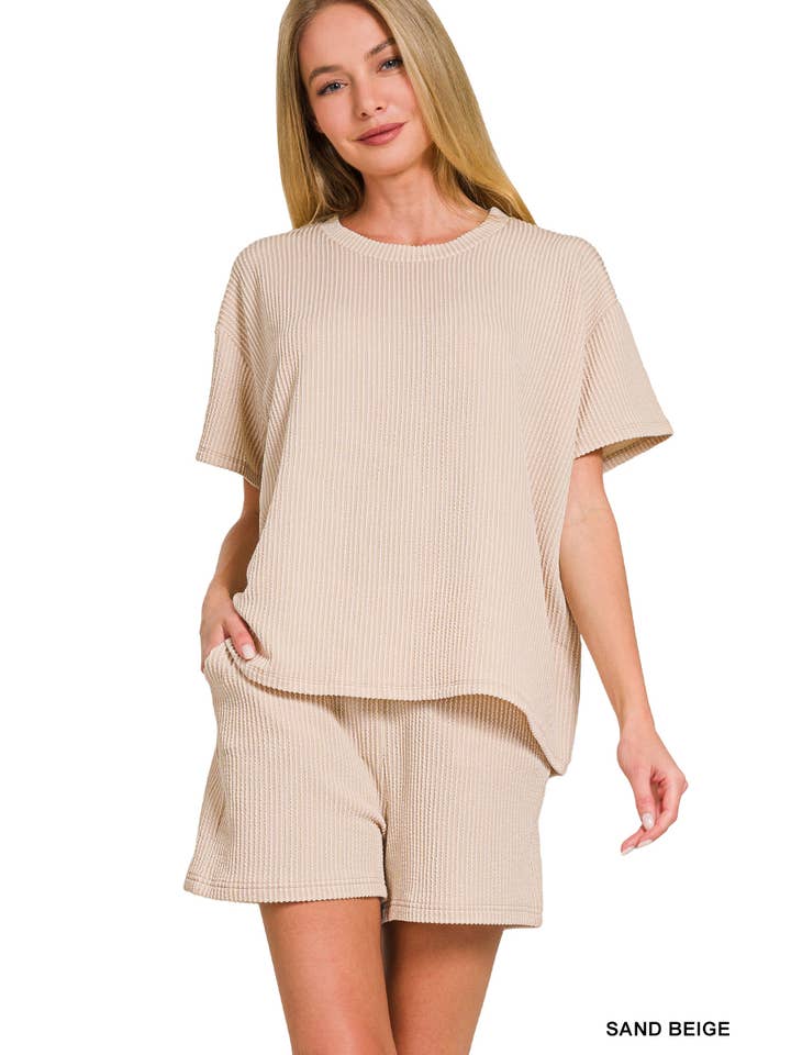 42POPS - Wholesale Lounge Set - Women's - ',,,..Corded Rib Short Sleeve Tee & Short Pants 2PC Set