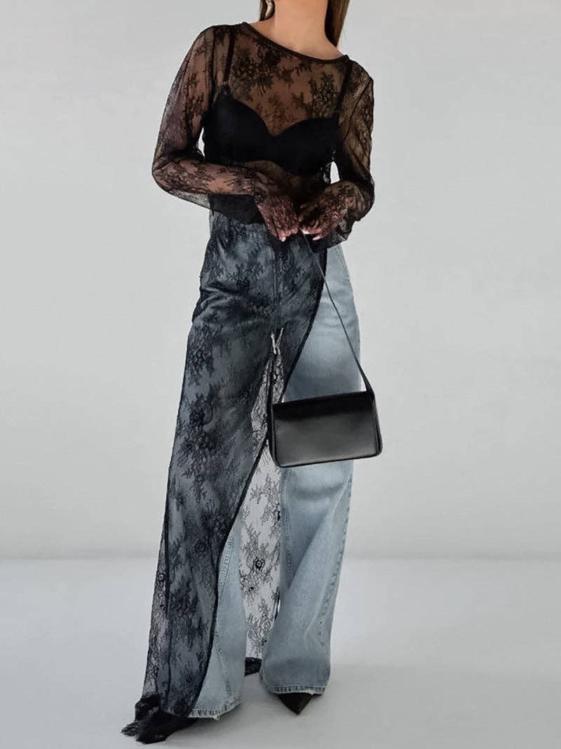BLACK Sheer Lace Asymmetrical Long-Sleeve Top for wholesale on Faire9