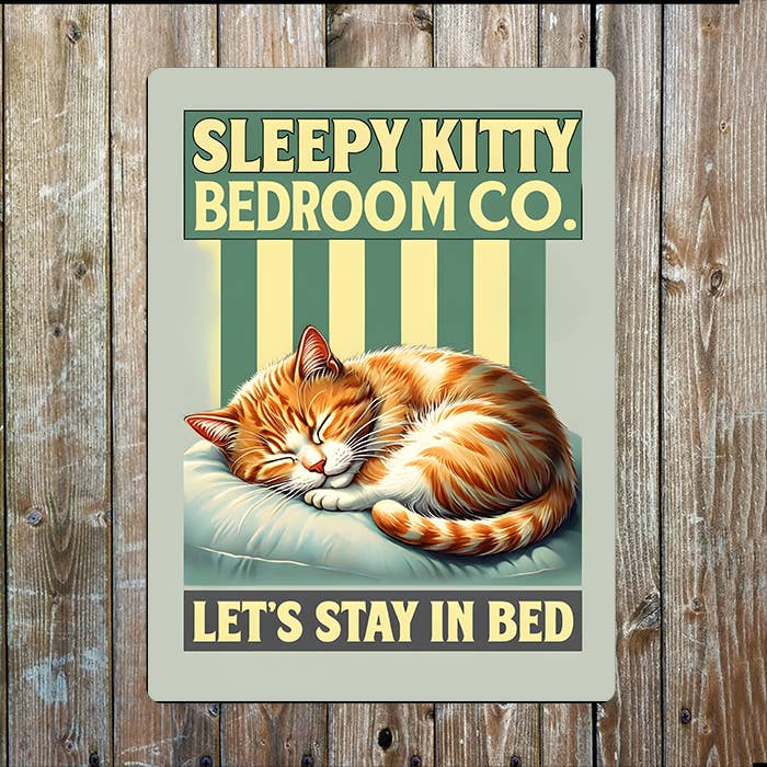 The British Metal Signs Company - Wholesale Sign - Let's Stay In Bed | Sleep Cat Bedroom | Metal Sign Plaque