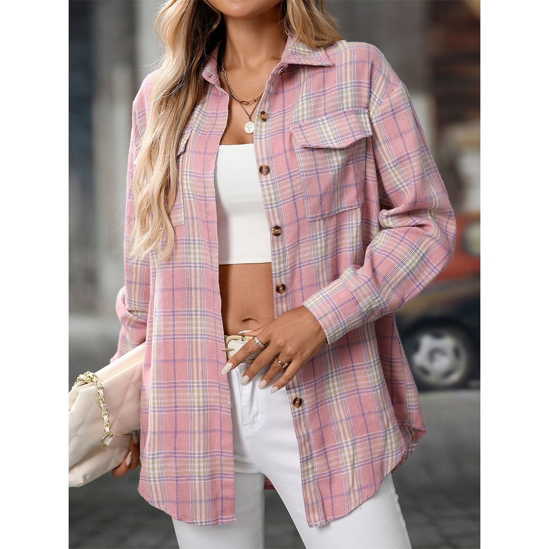 UNISHE - Wholesale Shirt - Women's - Casual Loose Fit Plaid Pockets Button-Down Shirt MD21333