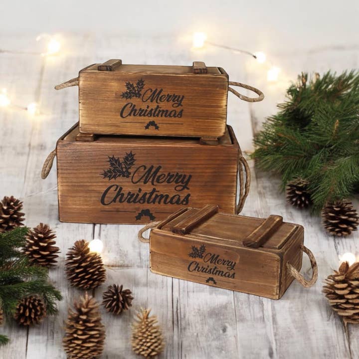 Minster Stylish Living Ltd - Wholesale Christmas Decoration - Set 3 Wooden Crates With Lids Rope Handles0
