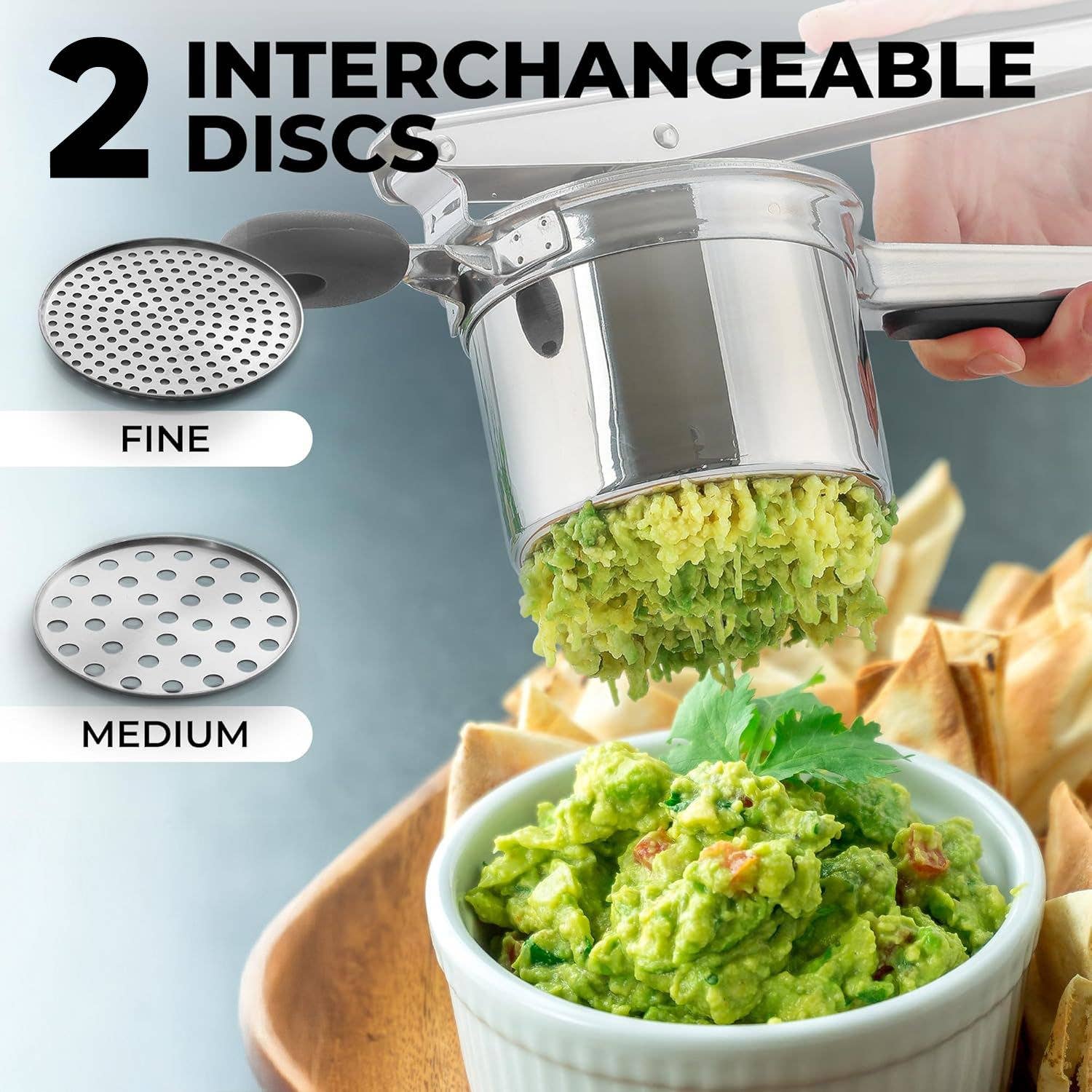 Zulay Kitchen - Venta al por mayor Utensilio/dispositivo de cocina - Prensador de patatas de 15 oz – Acero inoxidable resistente con 2 discos2