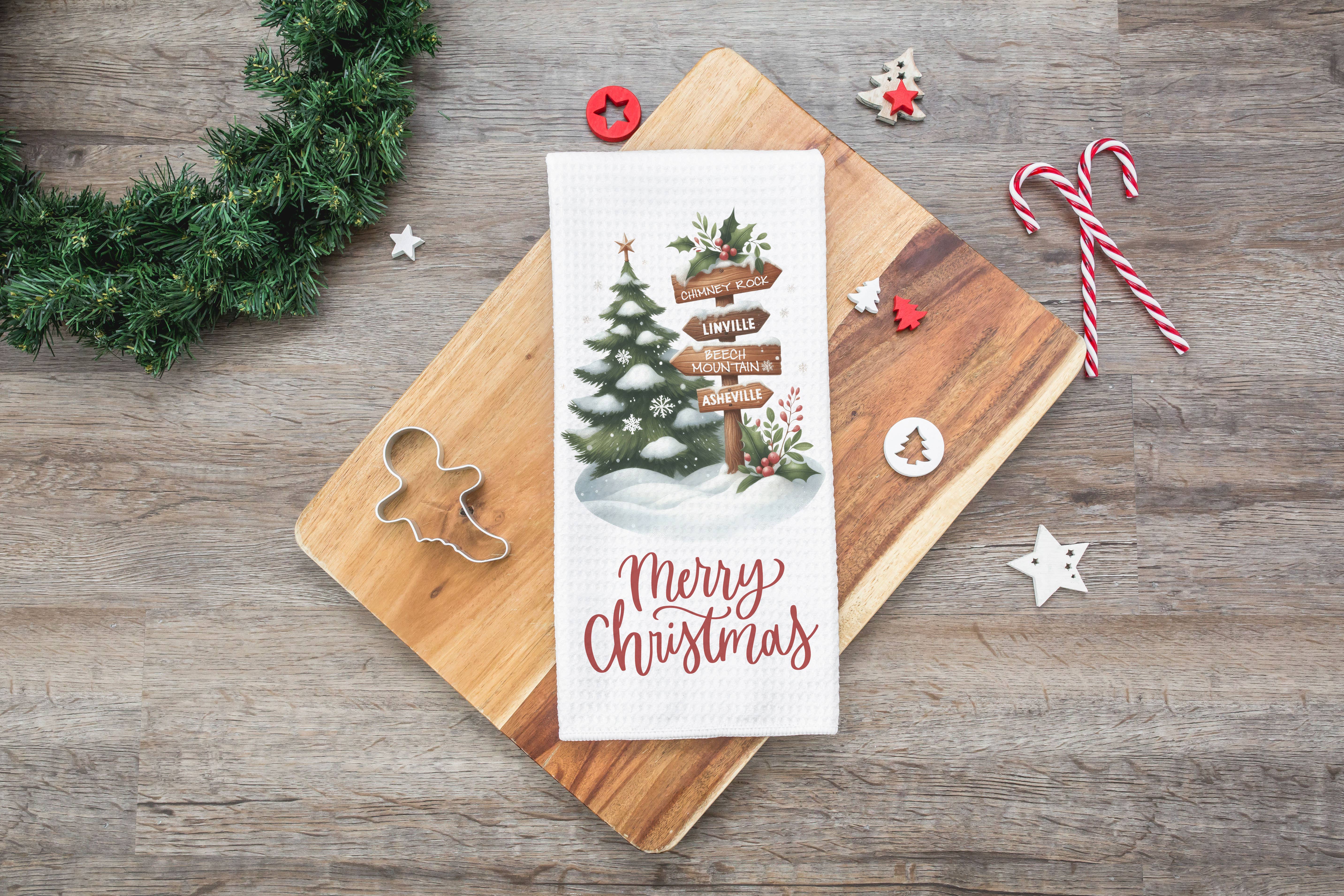 Canary Road - Vente Torchons - Torchon de cuisine de Noël avec arbre de ville personnalisé et état enneigé1