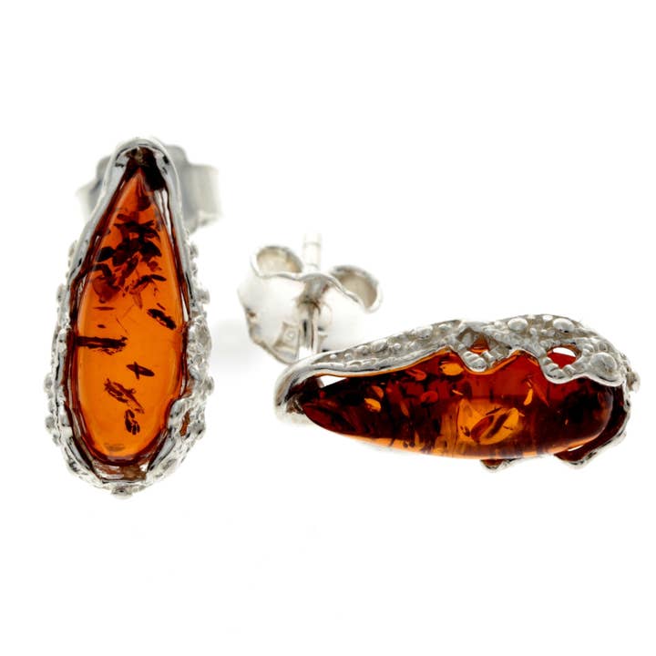 925 Sterling Silver & Baltic Amber Modern Teardrop Studs Earrings - G027 for wholesale by SilverAmber Jewellery
