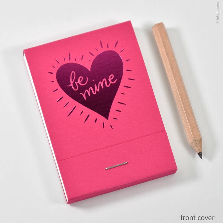 Be Mine Matchbook Jotter with Pink Foil Heart (#640) for wholesale by Inkello Letterpress