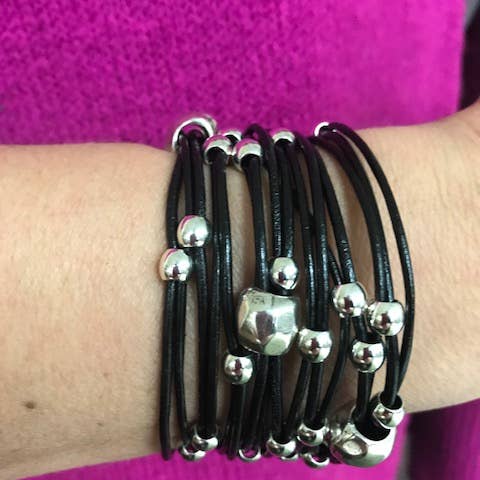 Trades by Haim Shahar - Wholesale Beaded Bracelet - Black Leather Wide Beaded Bracelet1