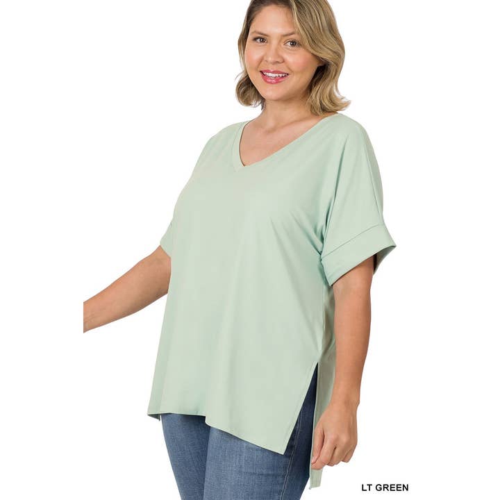 PLUS BRUSHED DTY ROLLED SHORT SLEEVE V-NECK TOP for wholesale by Apolline