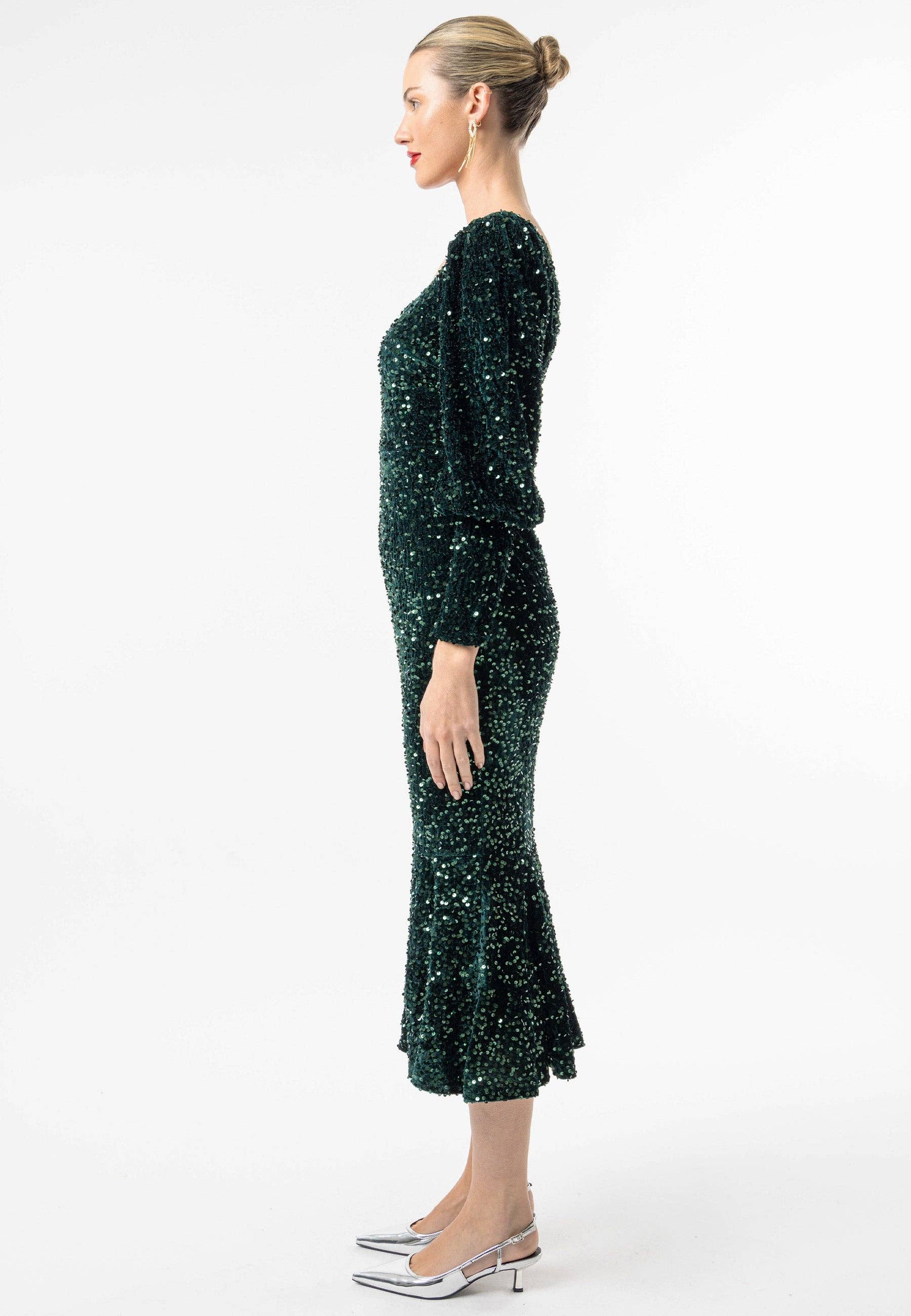 ANGELEYE – wholesale Dress – Women's – Sequin Velvet Bodycon Long Sleeve Evening Dress In Green5