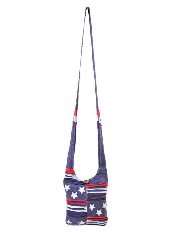 Blue Americana Hippie Boho Crossbody Mini Hobo Bag for wholesale by The Collection Royal / Royal Handicrafts