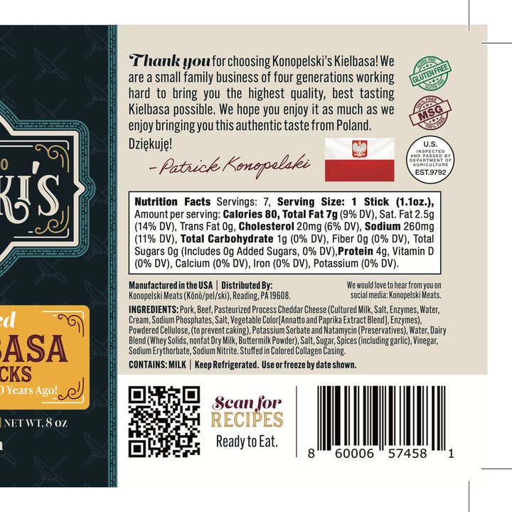 Konopelski Meats - Wholesale Sausage - Konopelski Meats Kielbasa Snack Sticks w/ Cheese - 32 - 8 oz