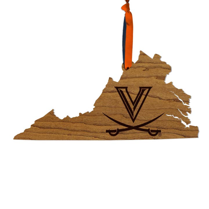 University of Virginia Sabres on State Ornament – Crafted from Cherry and Maple Wood – Virginia Cavaliers for wholesale by LazerEdge