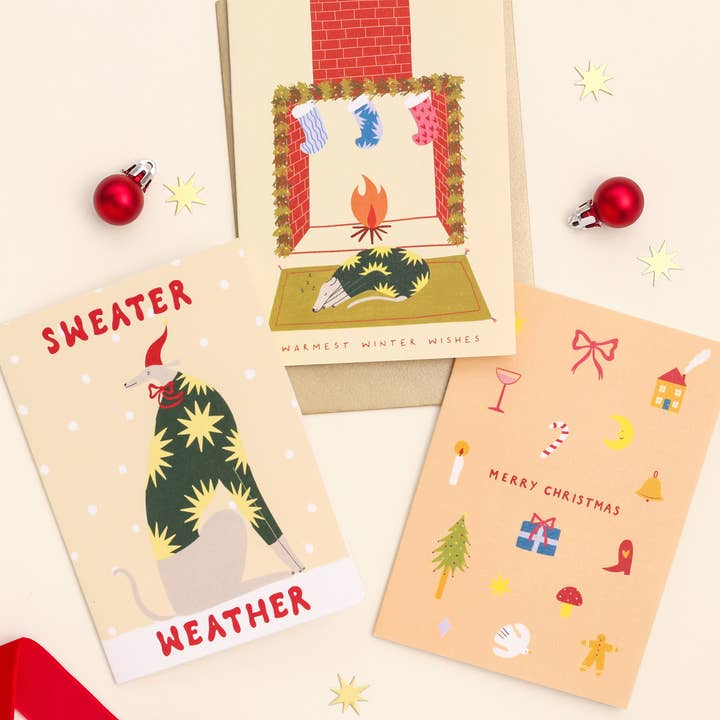 Little Black Cat Illustrated Goods – wholesale Christmas card – Sweater Weather Christmas Card | Whippet Card | Festive Dog 3