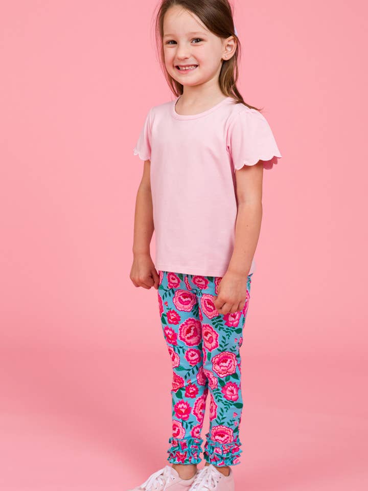 Azul Leggings Clássicas com Folhos Traseiros Assinatura para Meninas Pequenas com Flores Brilhantes para venda a revendedores na Faire2