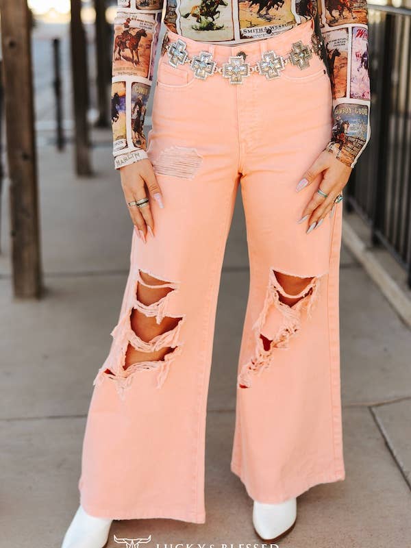 Pink Stretch Denim High Rise Trouser Distressed Jeans (32in) for wholesale by LUCKY & BLESSED