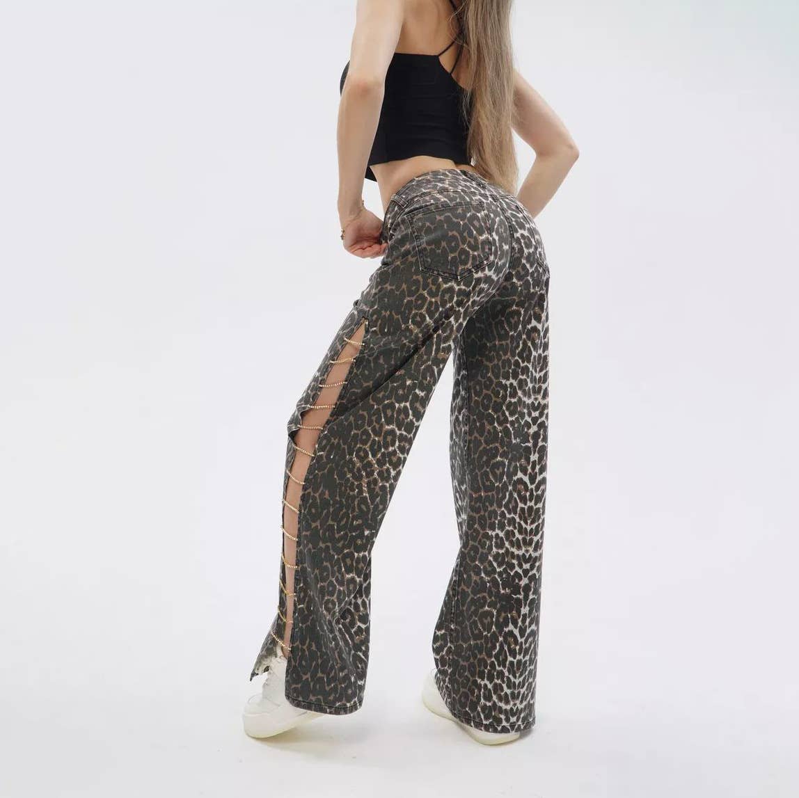 Luipaard Jeans met luipaardprint voor dames, losse, lage taille, zijsplit, casual voor groothandel op Faire9