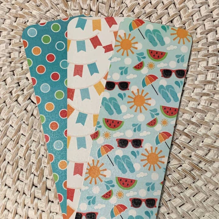 Sun Glasses Flip Flops Banners Laminated Bookmarks - Summer Fun Bookmarks - Set of 3 - 2x6 Rounded Corner Bookmarks for wholesale by Ann Gregory Designs LLC