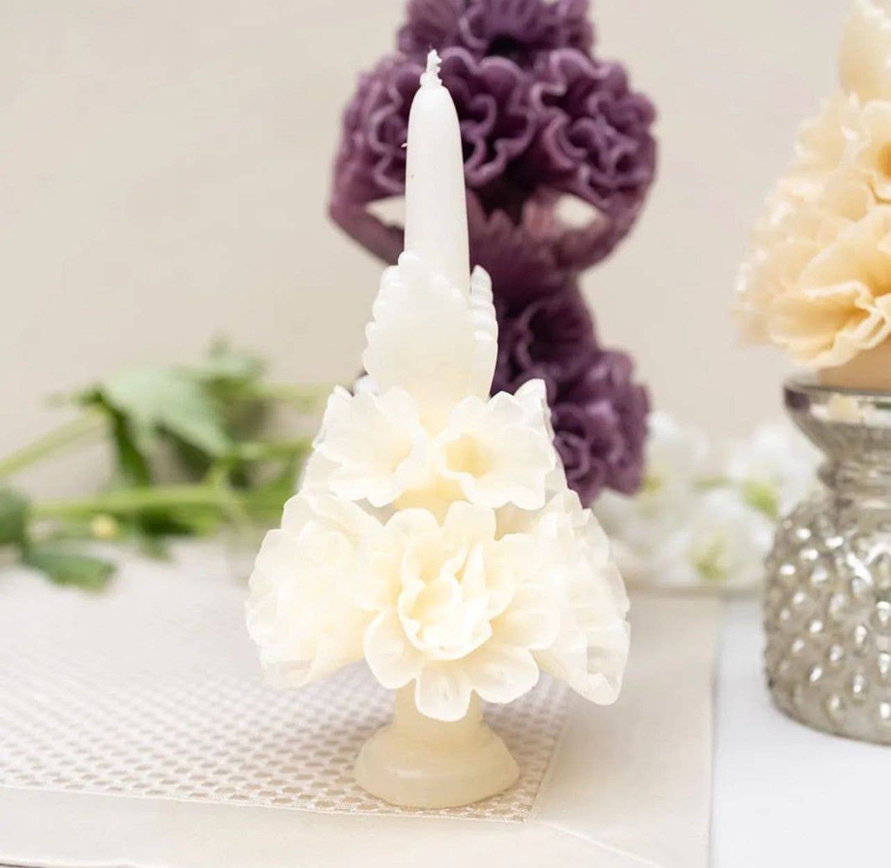 Off White Ivory Handmade with Beeswax Floral Taper Candle from Oaxaca for wholesale on Faire1