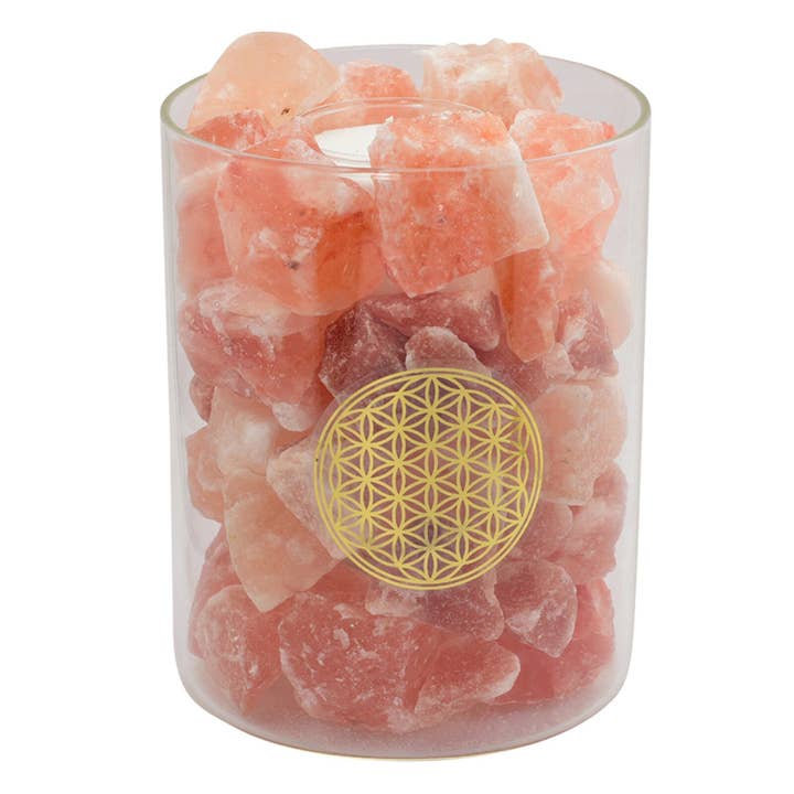 Cristal de sal iluminado "FUEGO en el VIDRIO" Flor de la Vida (aprox. 19 cm de alto) con vela para venta al por mayor de Kl-u-Ra Magie des Lebens