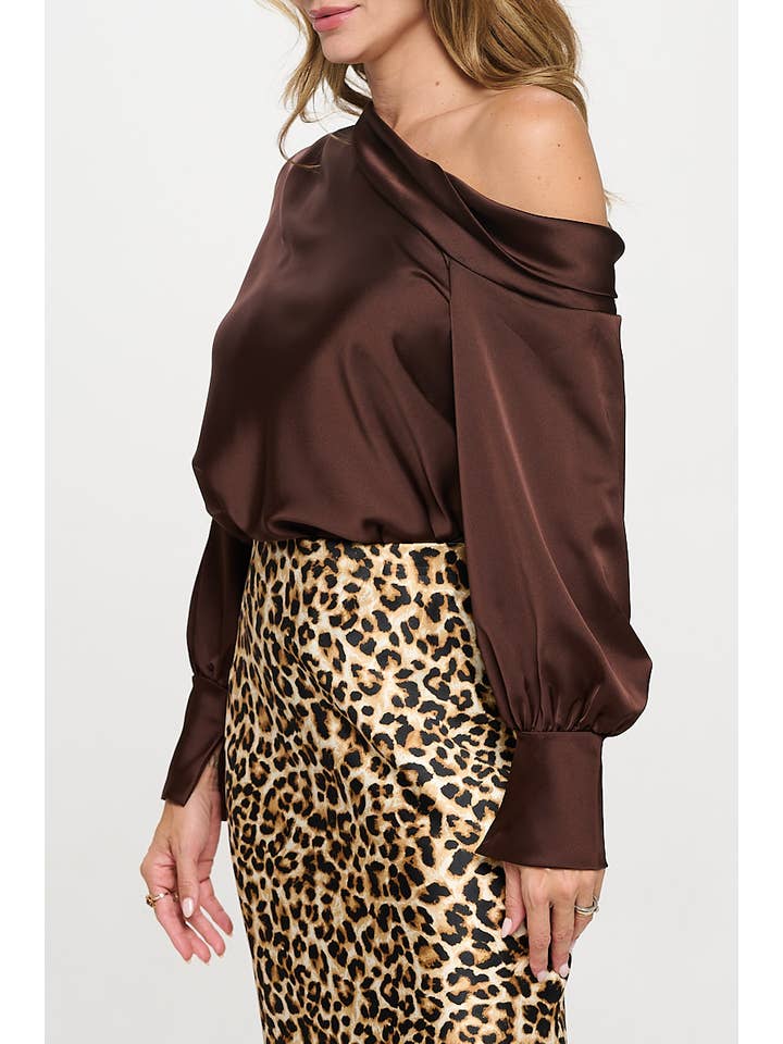 Brown Made in USA Dropped Shoulder Long Sleeve Satin Top for wholesale on Faire