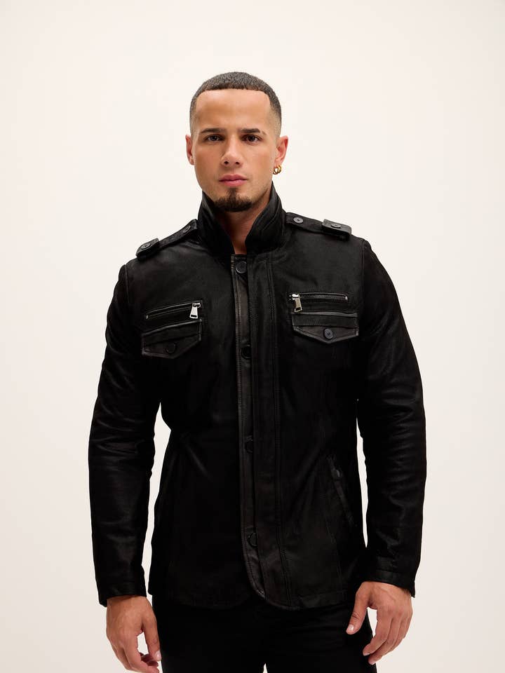 Giacca in pelle con spalline e collo alla coreana - Camoscio nero per la vendita all'ingrosso da parte di Ron Tomson