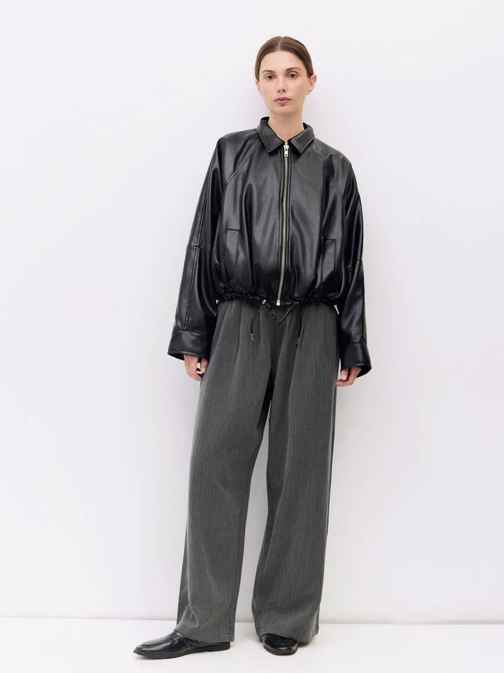 BLACK The Lizette Jacket | Pleather Drawstring Bomber Jacket for wholesale on Faire7