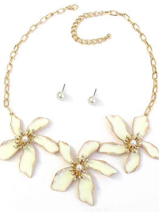 ( L022 ) PERLEN-DREIFACH-BLUMEN-GLIEDERANHÄNGER-HALSKETTEN-SET für den Großhandel von Jewelry Max