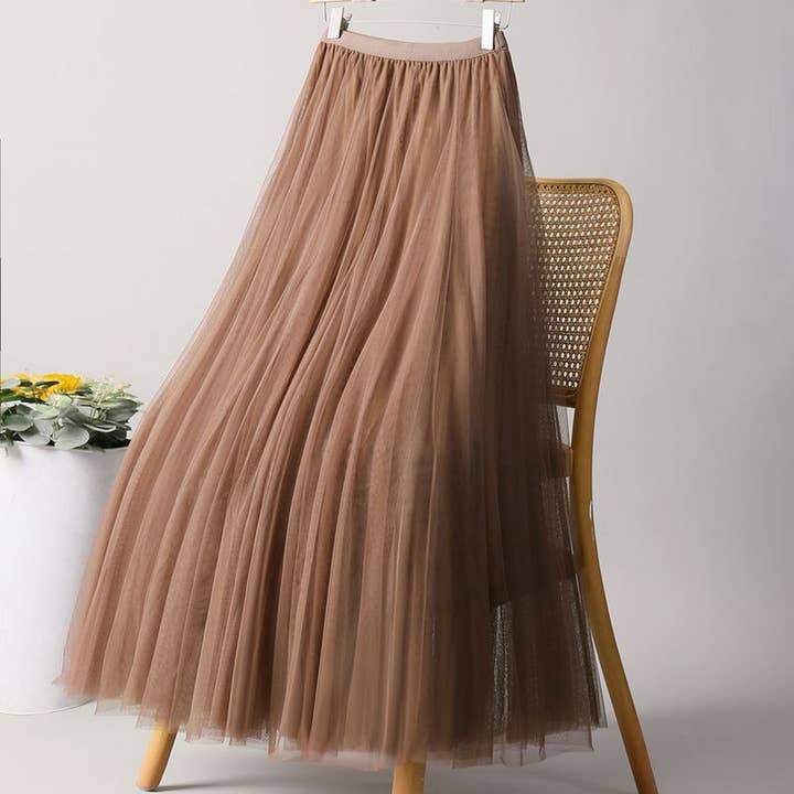 ACCITY - Wholesale Skirt - Women's - SOLID COLOR ELASTIC-WAIST MESH TULLE A-LINE SKIRT_CWBLS03727