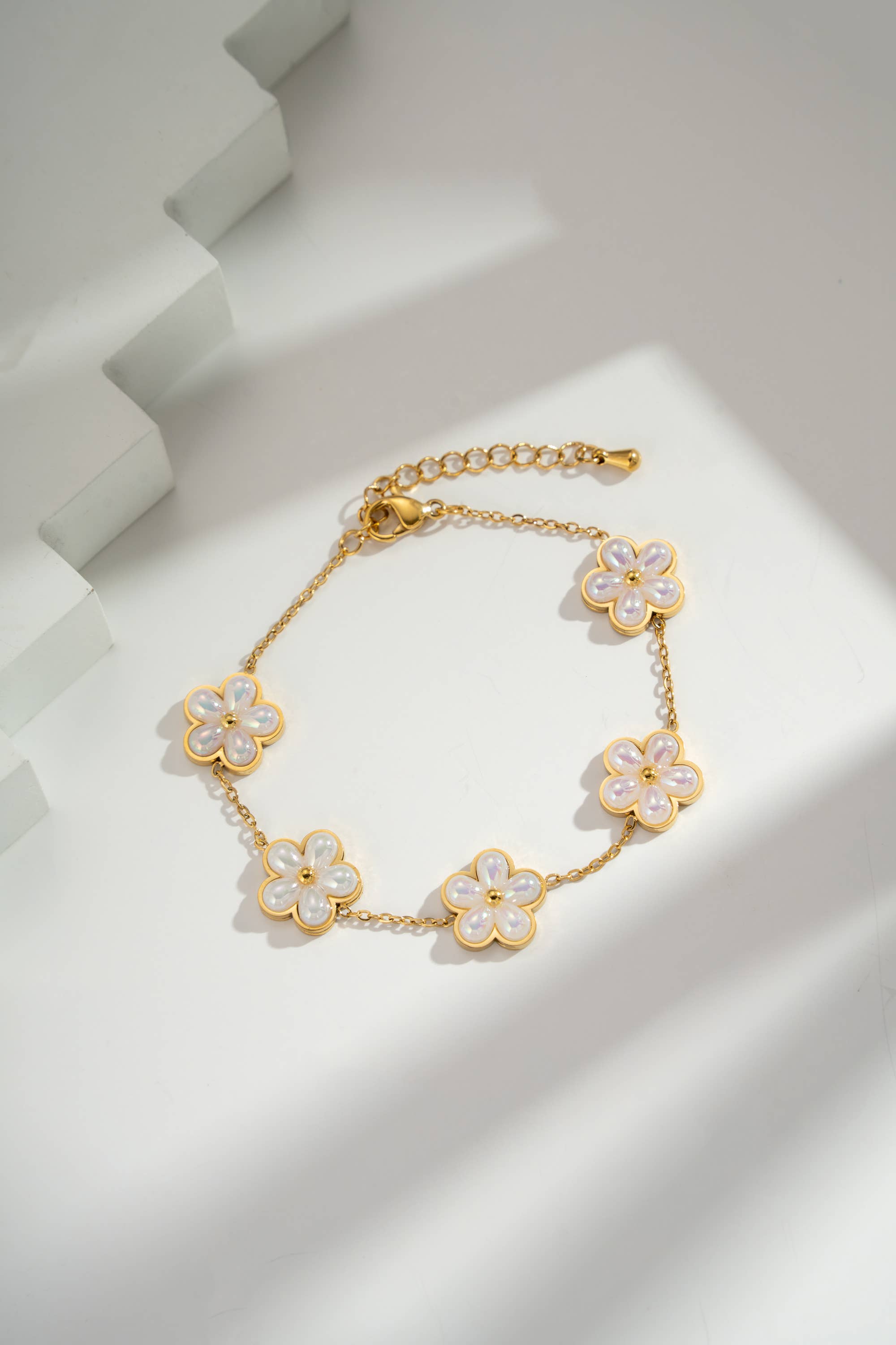 COSMOS - Wholesale Charm/Dangle Bracelet - Gold Bracelet for Women with Enameled Flowers and Stainless Steel Beads