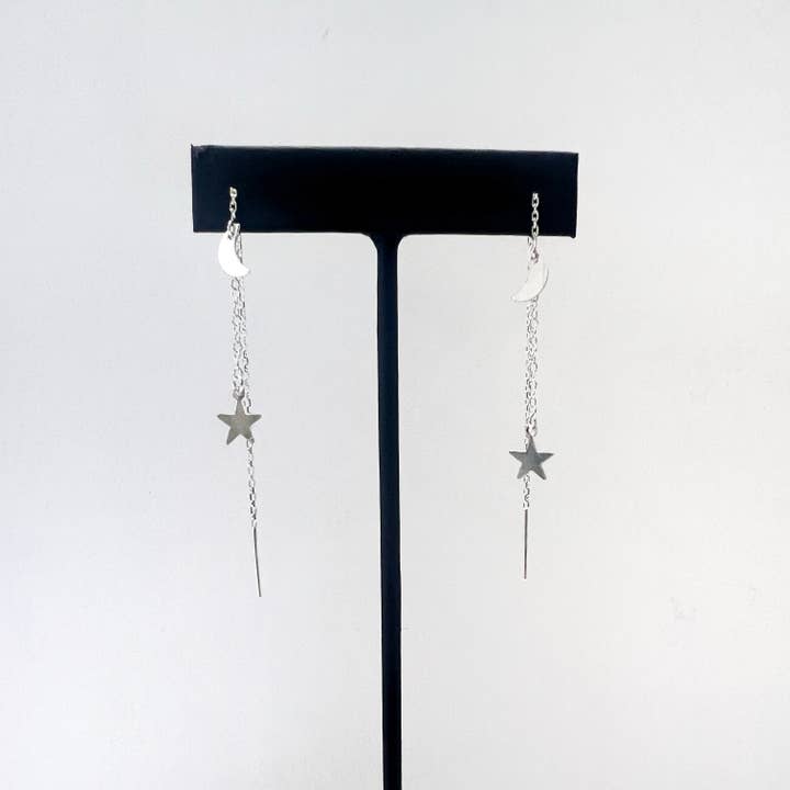 Metrix Jewelry - Wholesale Dangle Earrings - Celestial Chain Drop Threader Earrings - Moon and Star Drop