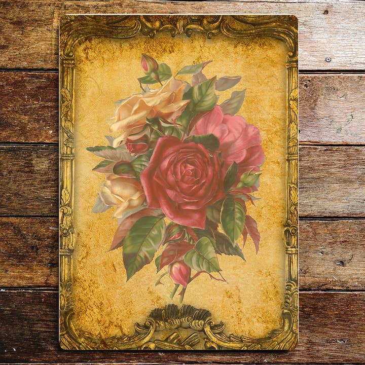 Plaque de signalisation vintage en métal avec motif de tiges de rose et jaune pour la vente par The British Metal Signs Company