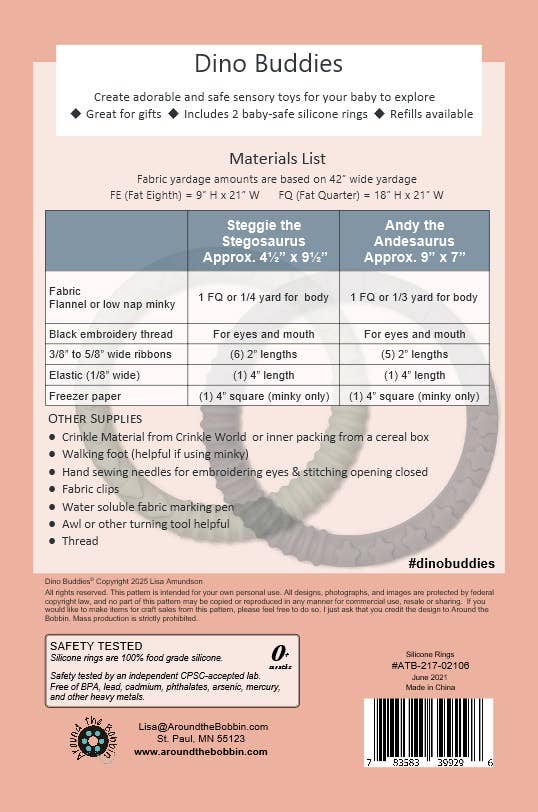 Around the Bobbin - Wholesale DIY Craft Kit - Kids - Dino Buddies | Sewing Pattern + Silicone2