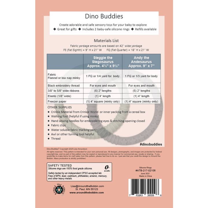 Around the Bobbin - Wholesale DIY Craft Kit - Kids - Dino Buddies | Sewing Pattern + Silicone2