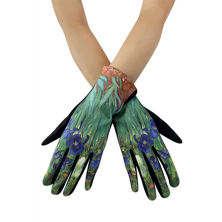 Black Van Gogh Irises Print Suede Touchscreen Gloves for wholesale on Faire