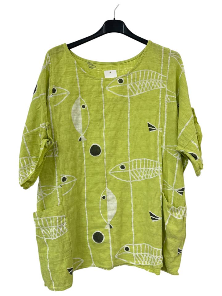 Miss Bold - Wholesale Blouse - Women's - Italian Crinkle Cotton Fish Print Top with Pockets & Turn-Up Sleeves6