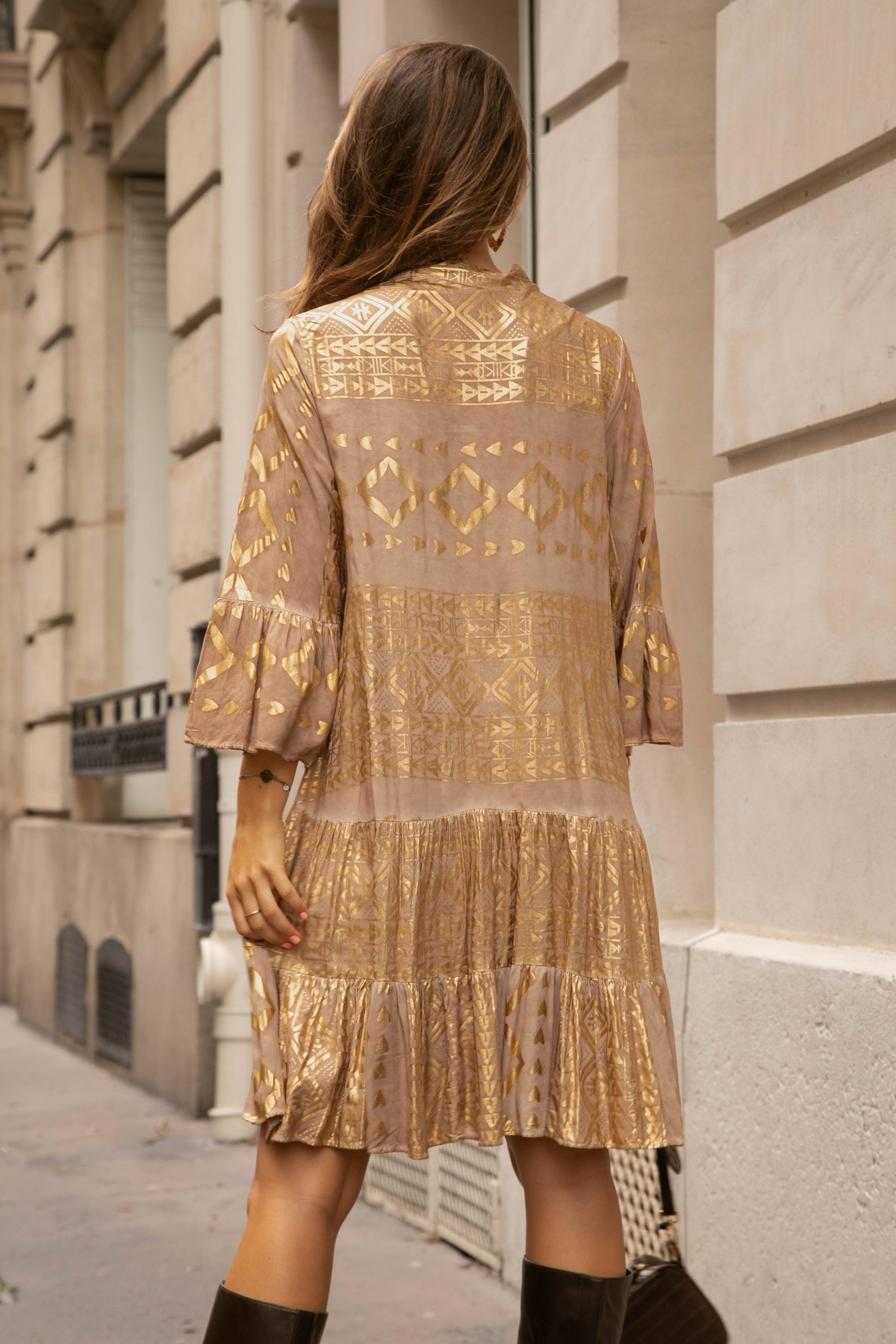 V-neck flared dress with gold print for wholesale on Faire1