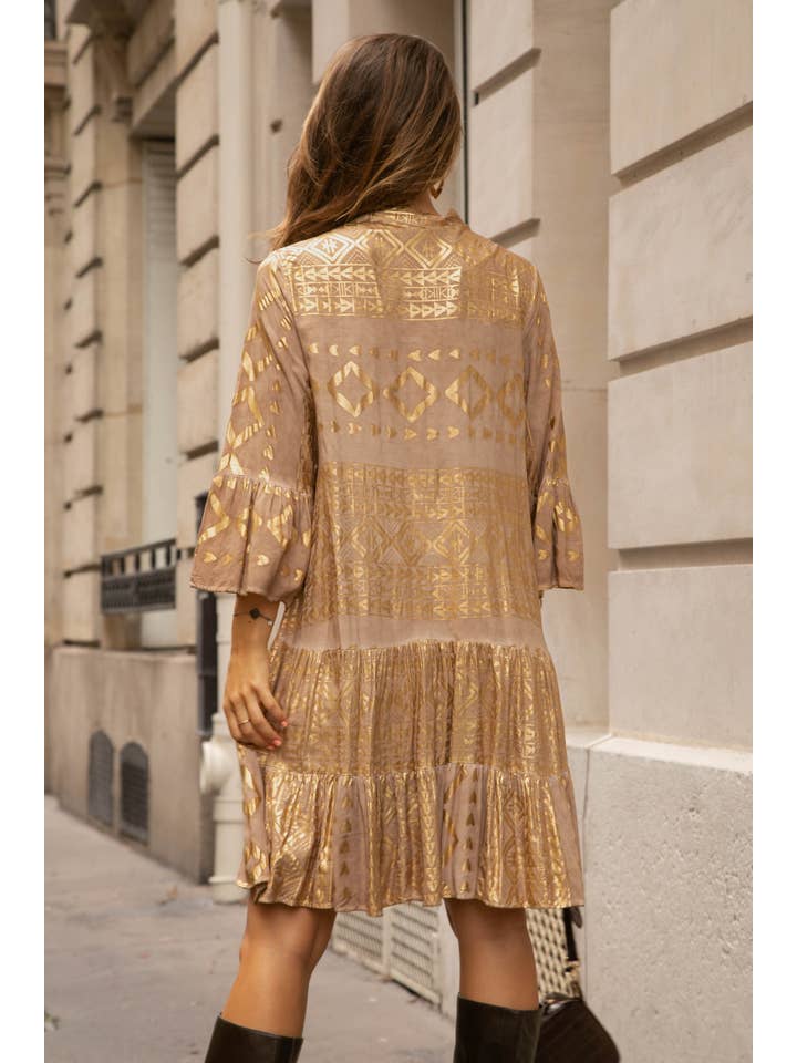 V-neck flared dress with gold print for wholesale on Faire1