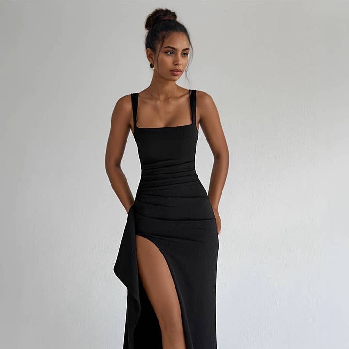 Square Neck Sleeveless Slit Maxi Dress for wholesale by BELLISSIMA FASHION