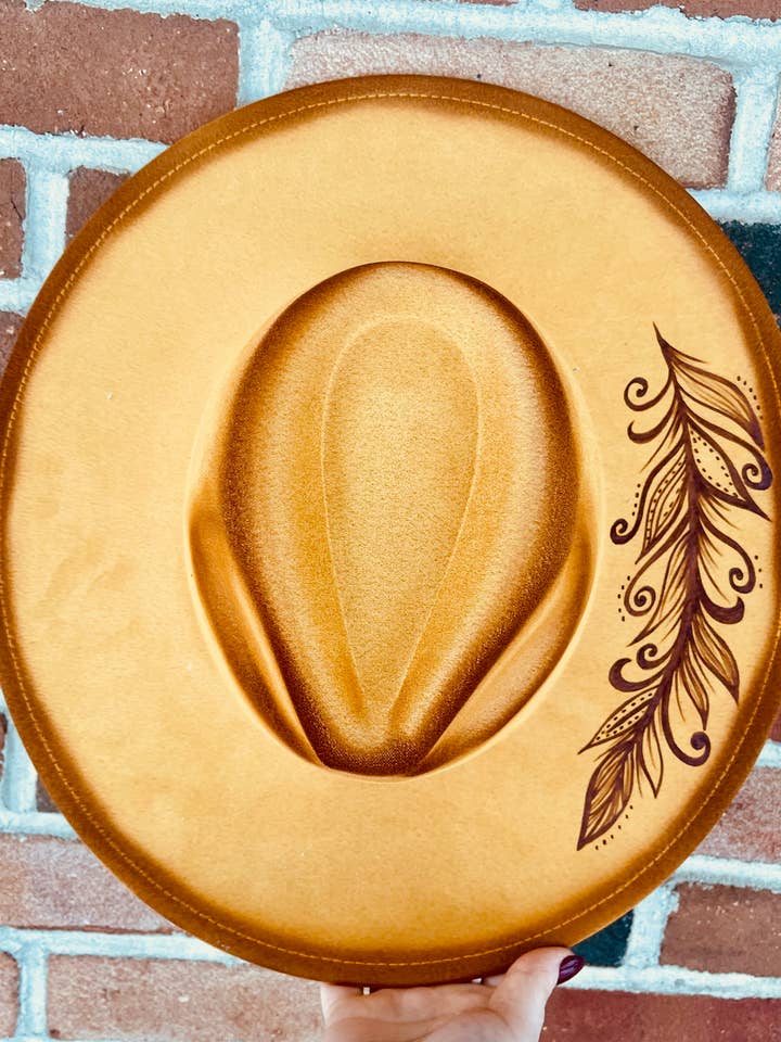 Hand Burned Custom Wide Brim Hat- Mustard Yellow Feather for wholesale by Kissin’ Kate Customs