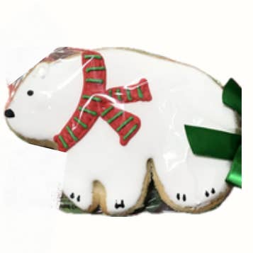 Ours polaire avec écharpe rouge et verte pour la vente par The Frosted Baker