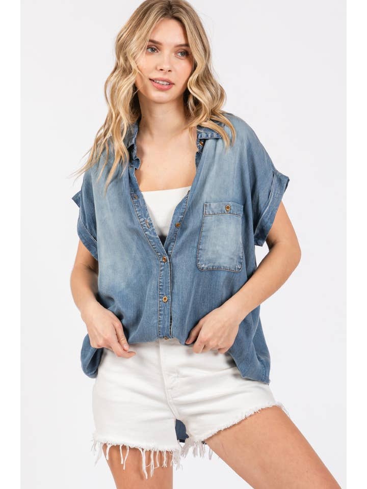 ZiA Apparel - Wholesale Button Down Shirt - Women's - Washed Roll Up Short Sleeve Shirt 7