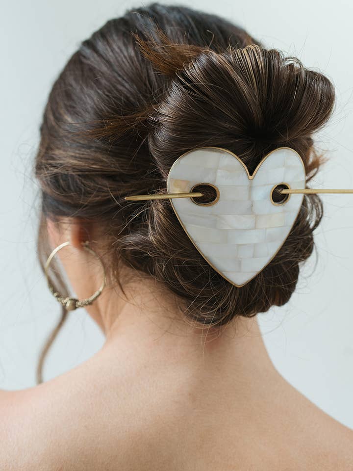 Chitra Heart Hair Slide with Stick - Mother of pearl for wholesale by Matr Boomie Fair Trade