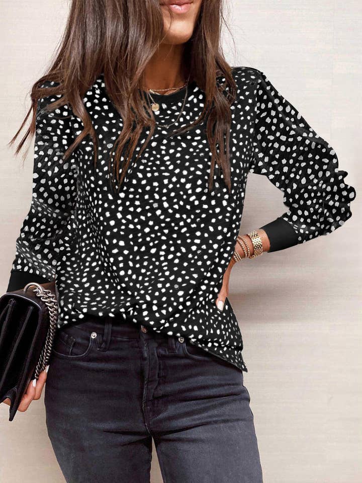 FULL TIME PURCHASE - Wholesale Blouse - Women's - Animal Spotted Print Round Neck Long Sleeve Top