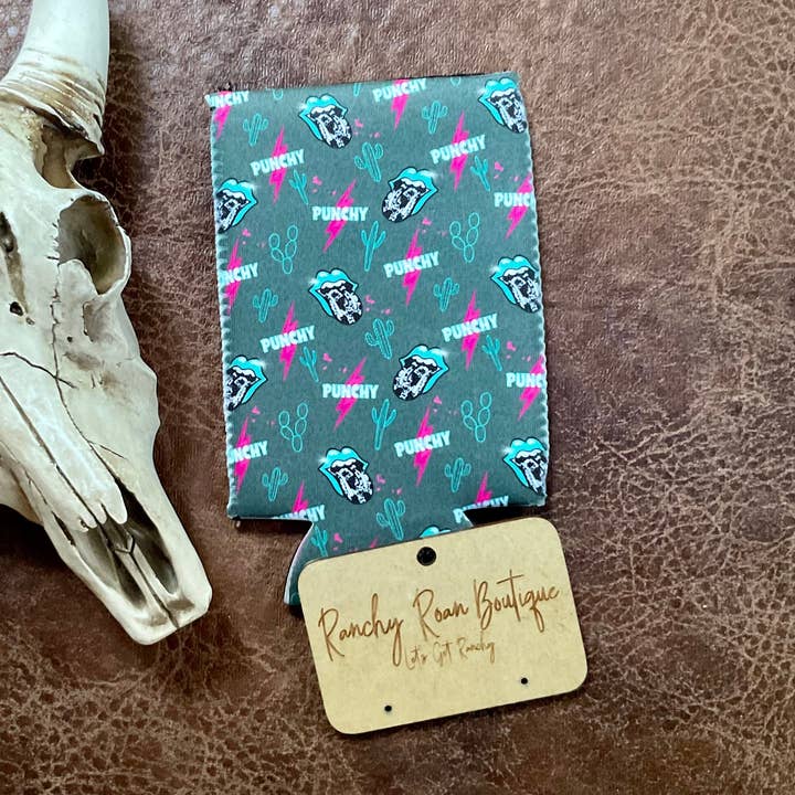 Punchy Cow Bolt Slim Koozie for wholesale by Ranchy Roan Boutique