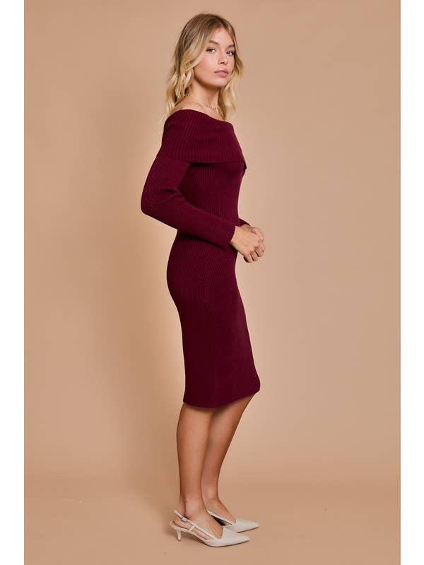 Wine Off Shoulder Rib Knit Bodycon Dress for wholesale on Faire