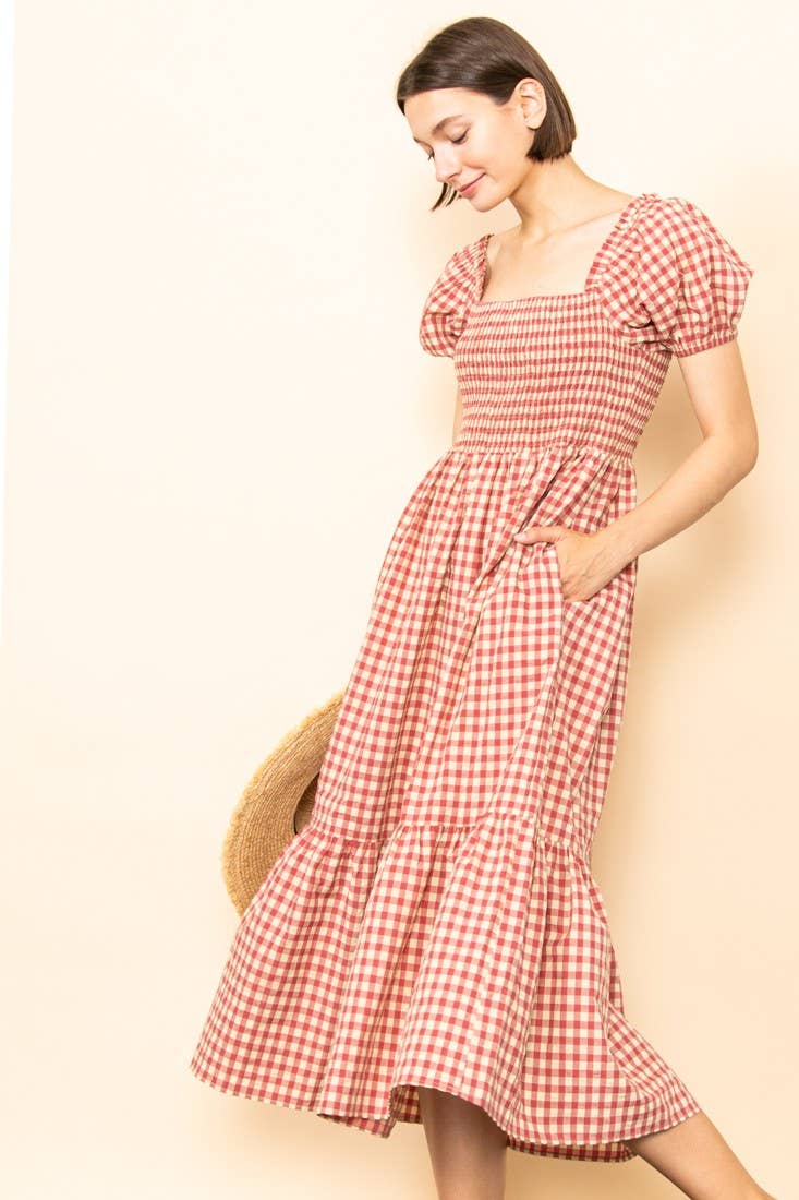 Elloh Collection - Wholesale Dress - Women's - Gingham Puff Sleeves Smocked Chest Midi Dress with Pockets9