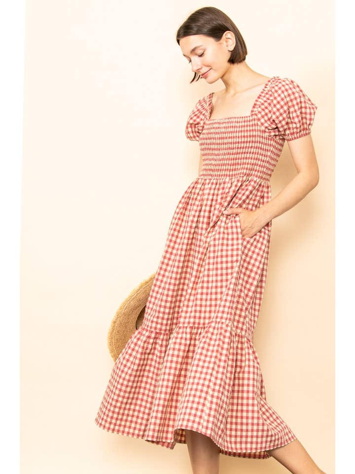 Elloh Collection - Wholesale Dress - Women's - Gingham Puff Sleeves Smocked Chest Midi Dress with Pockets9