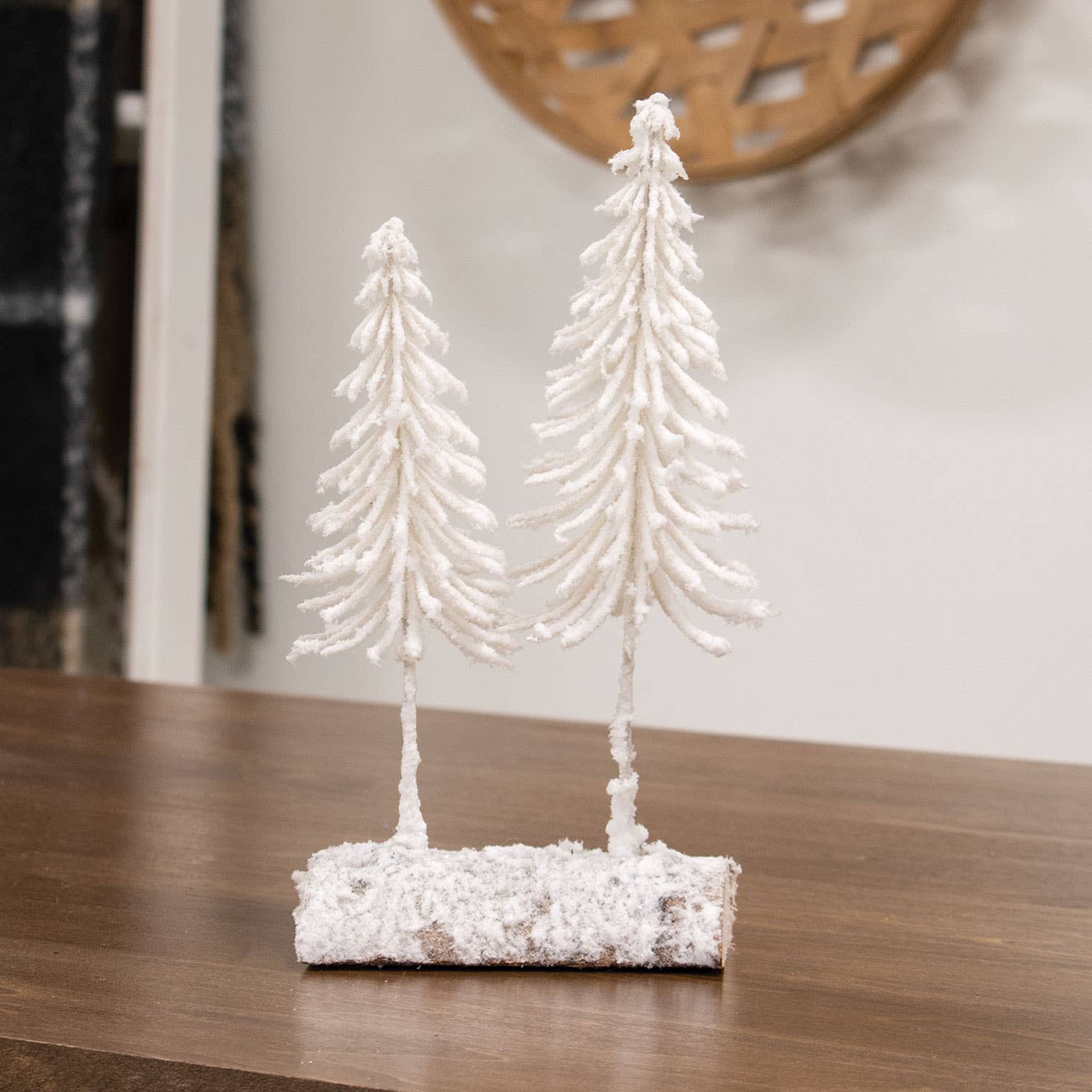 Col House Designs - Wholesale Christmas Decoration - Heavy Flocked White Pine Tree Pair on Log1