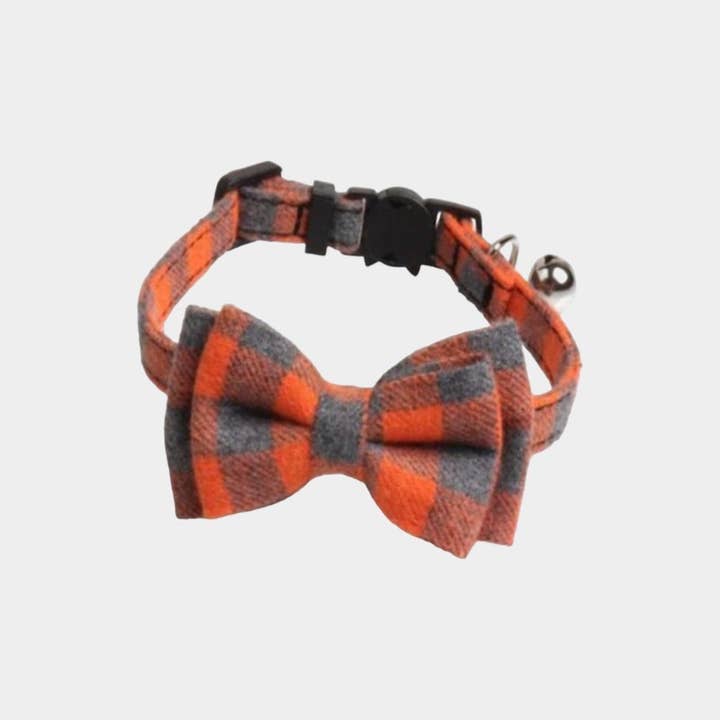 Zacal Cat Collars - Wholesale Pet Collar - Cat - Luxury Bow Tie Cat Collar - Orange and Grey Chequered